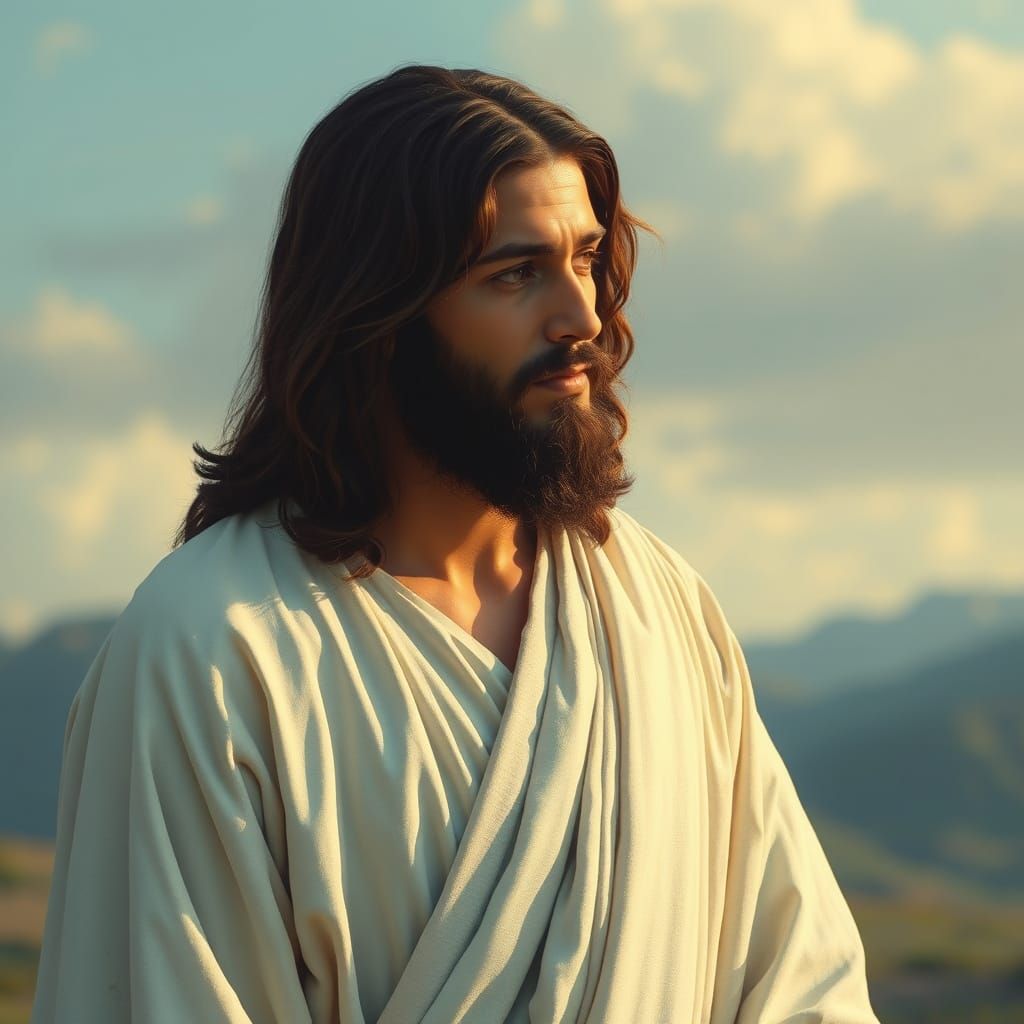 Jesus in Serene Landscape: Anime-Inspired Art