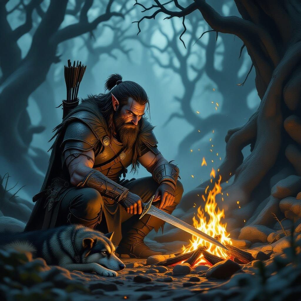 Ancient Forest Ranger in Flickering Firelight