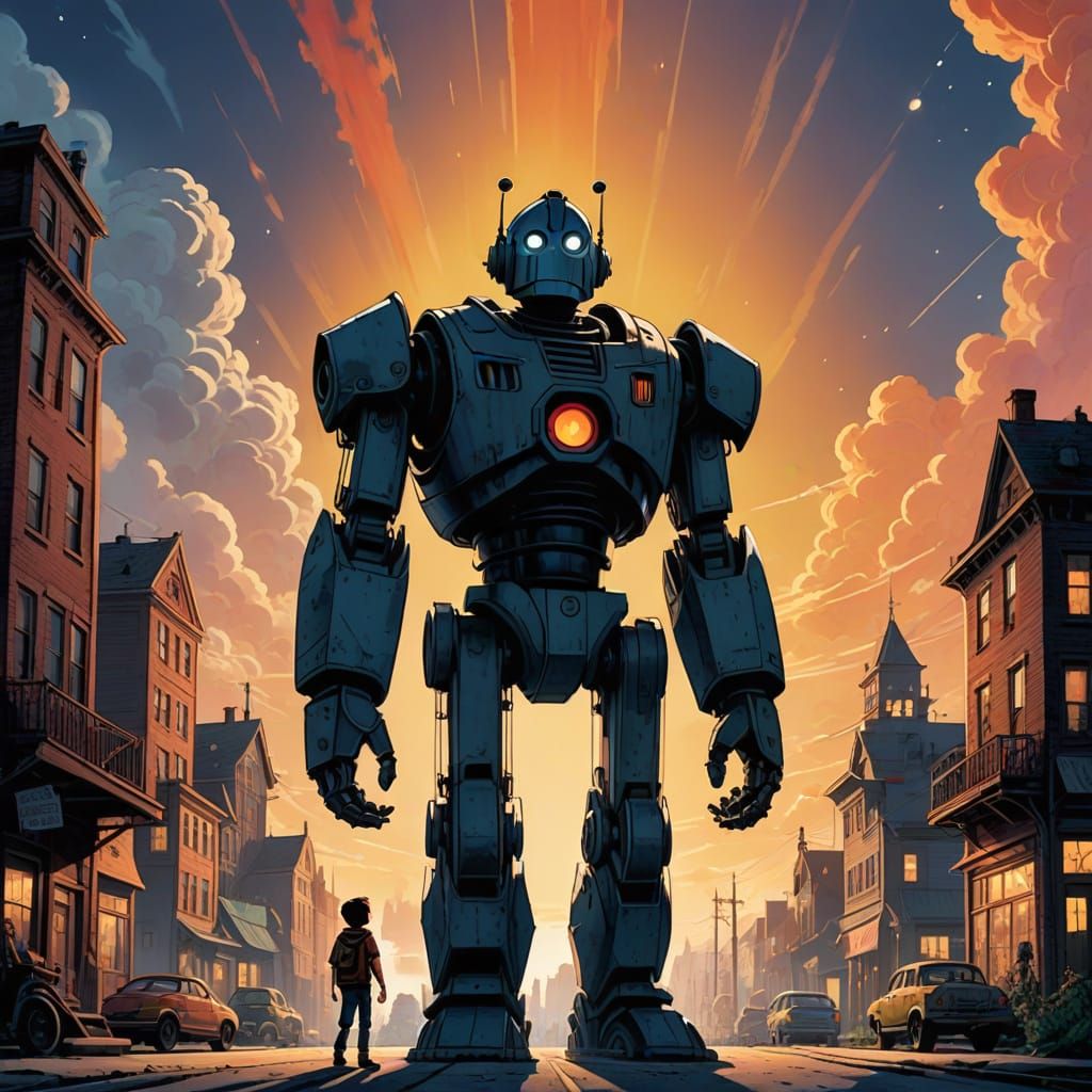 A Boy Stares Up in Wonder at the Iron Giant in a Nostalgic 1...