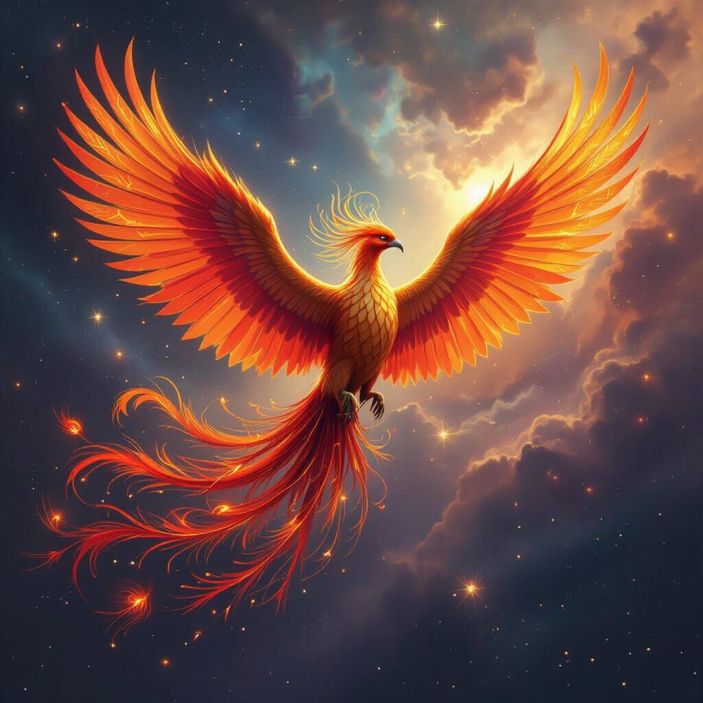 Phoenix Soaring Through Cosmic Nebula in Fantasy Art