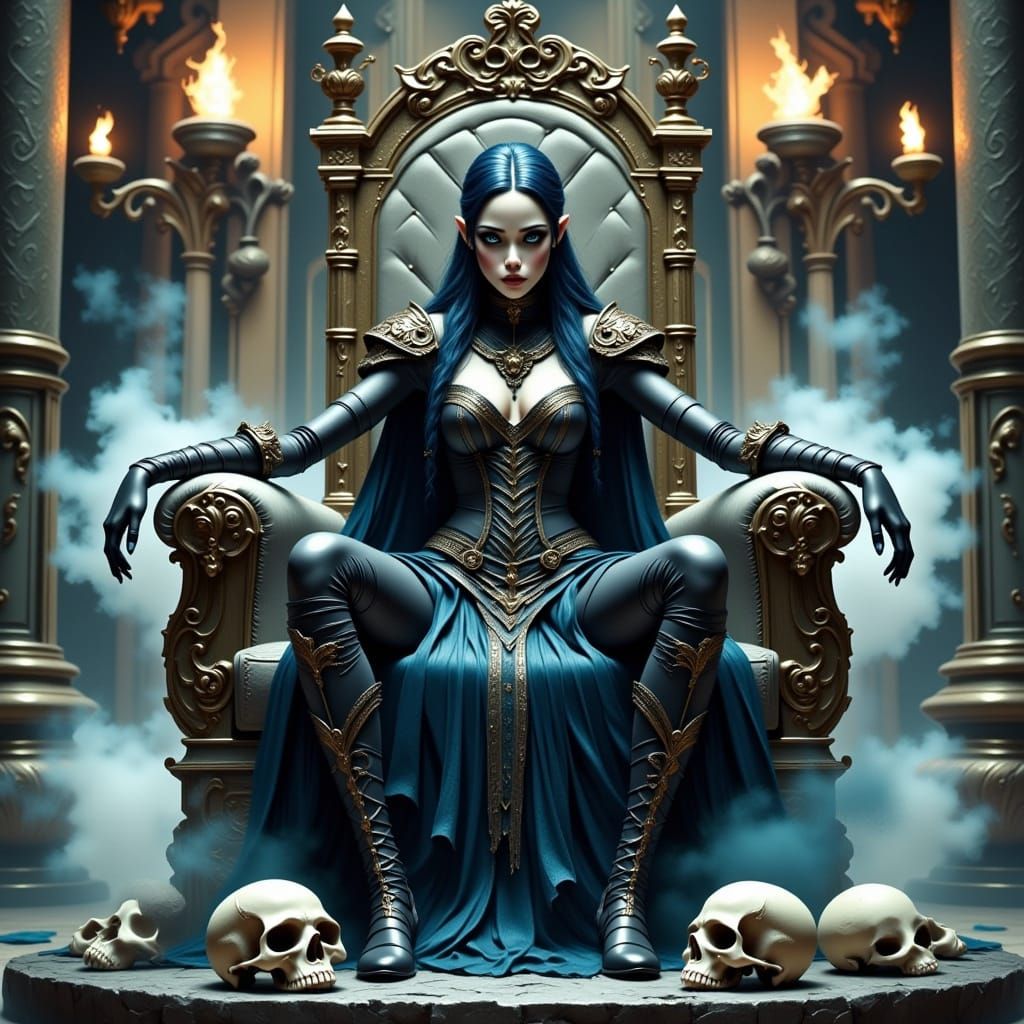 Drow Queen on Skull Throne: Dark Fantasy Art