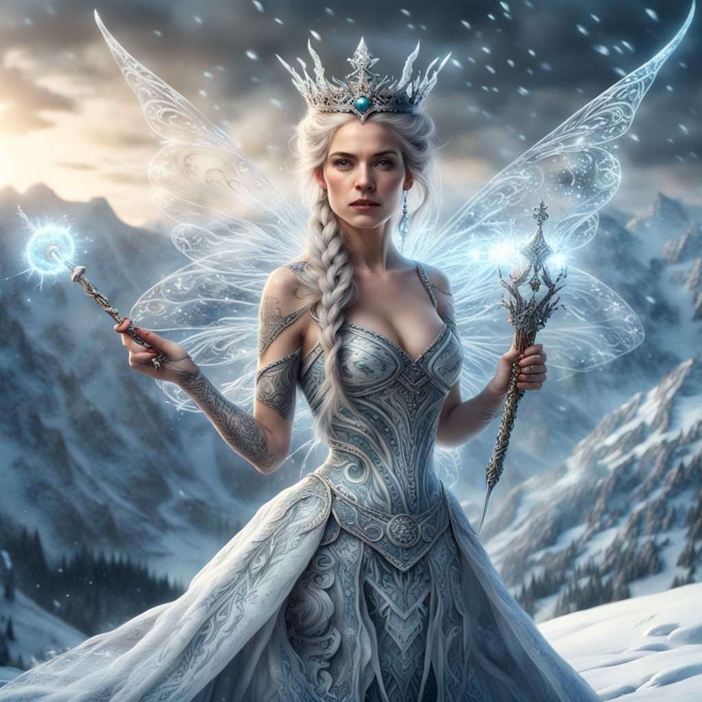 Ice Queen with Swirling Tattoos in Snowy Landscape