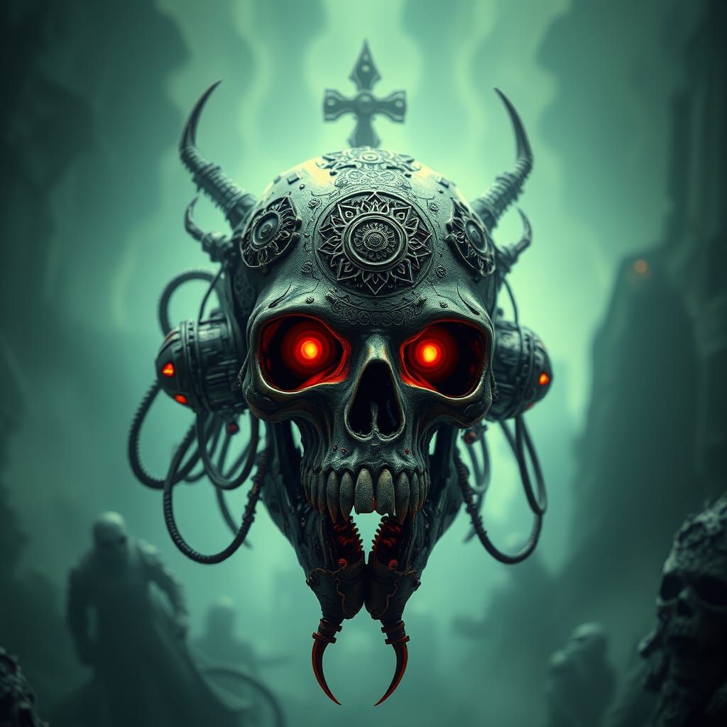Cybernetic Skull Servitor Emerges from Dark, Biomechanical S...