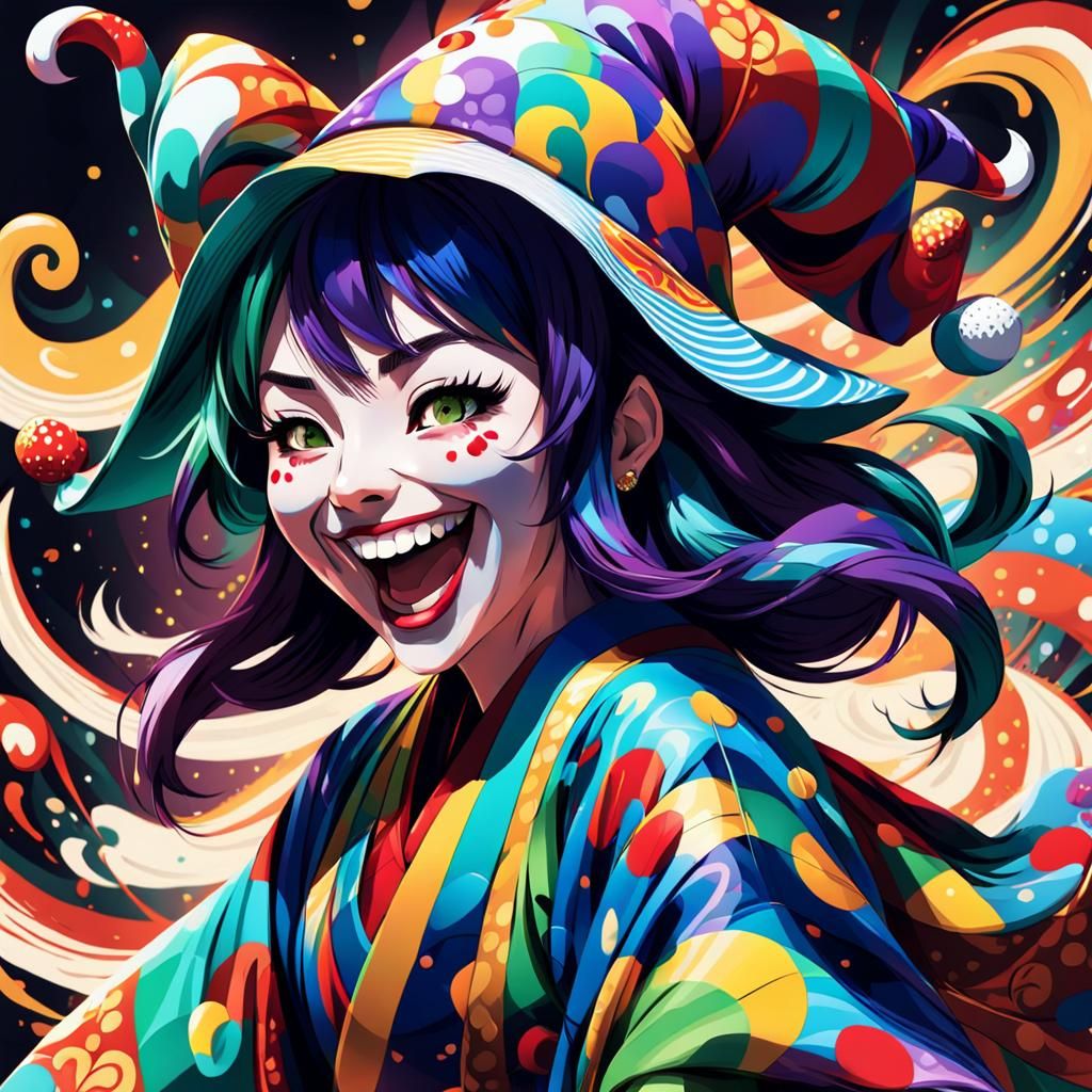 Anime Jester Girl in Kimono: Cel-Shaded Manga Art