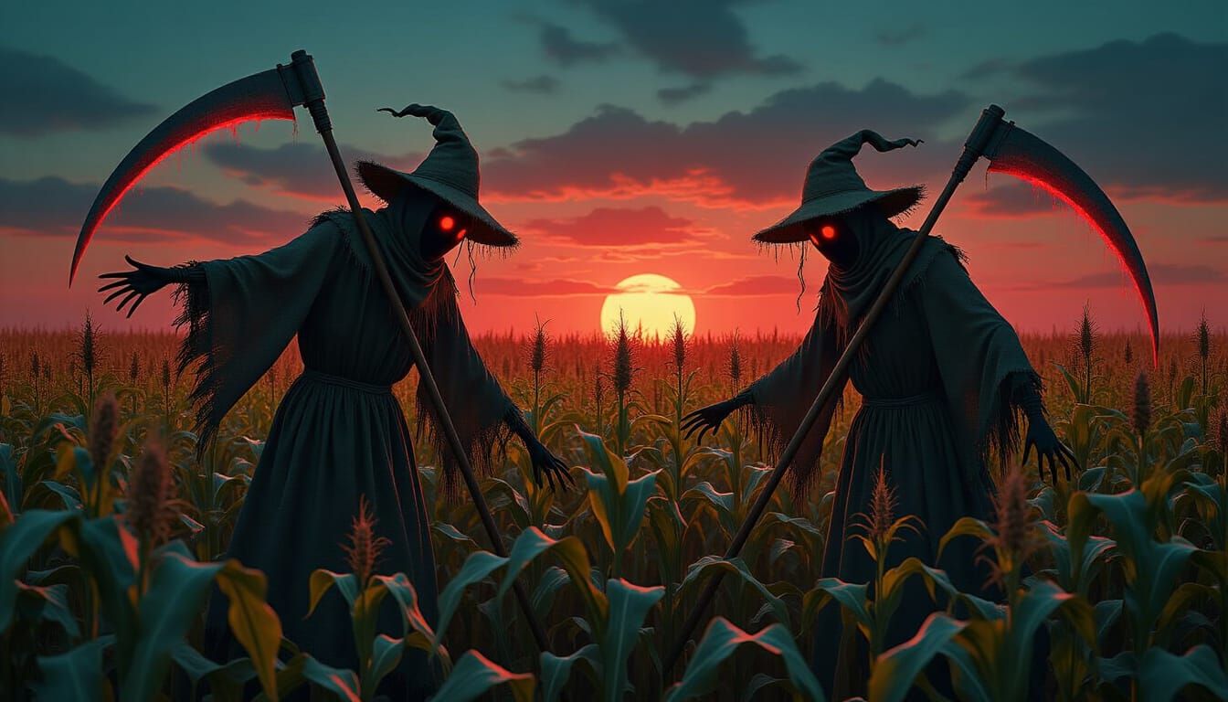 Scarecrow Reapers Harvest Souls in Twilight Cornfield