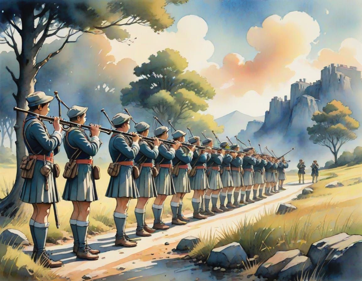 Pipers Piping in Vintage Ink Manga Style