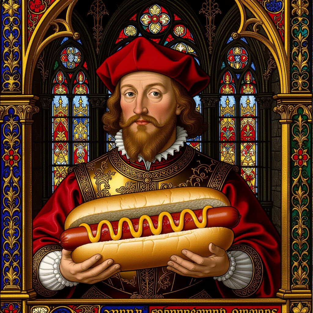 Medieval Hotdog in Illuminated Manuscript Style