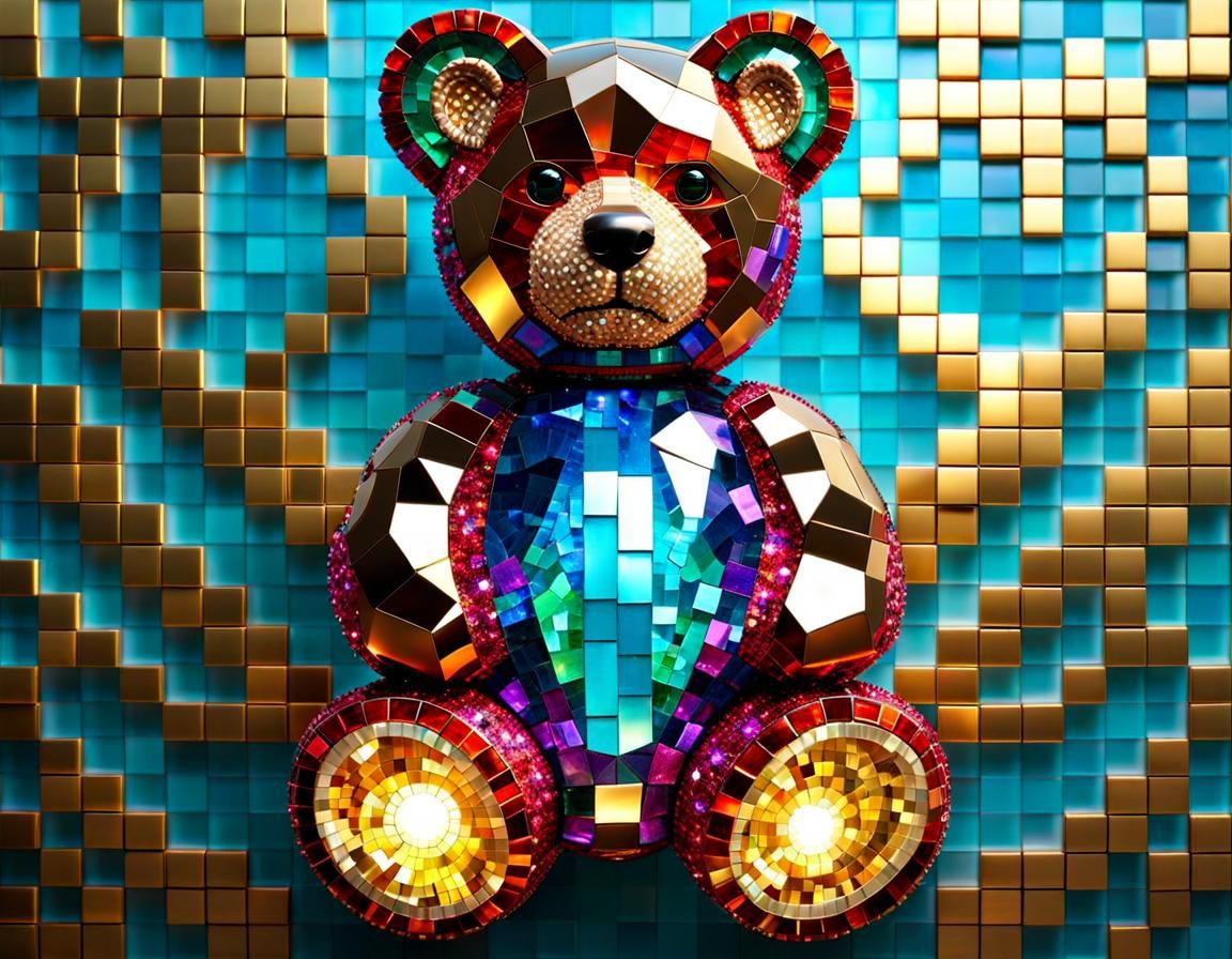 Iridescent Gemstone Mosaic Teddy Bear in 8k