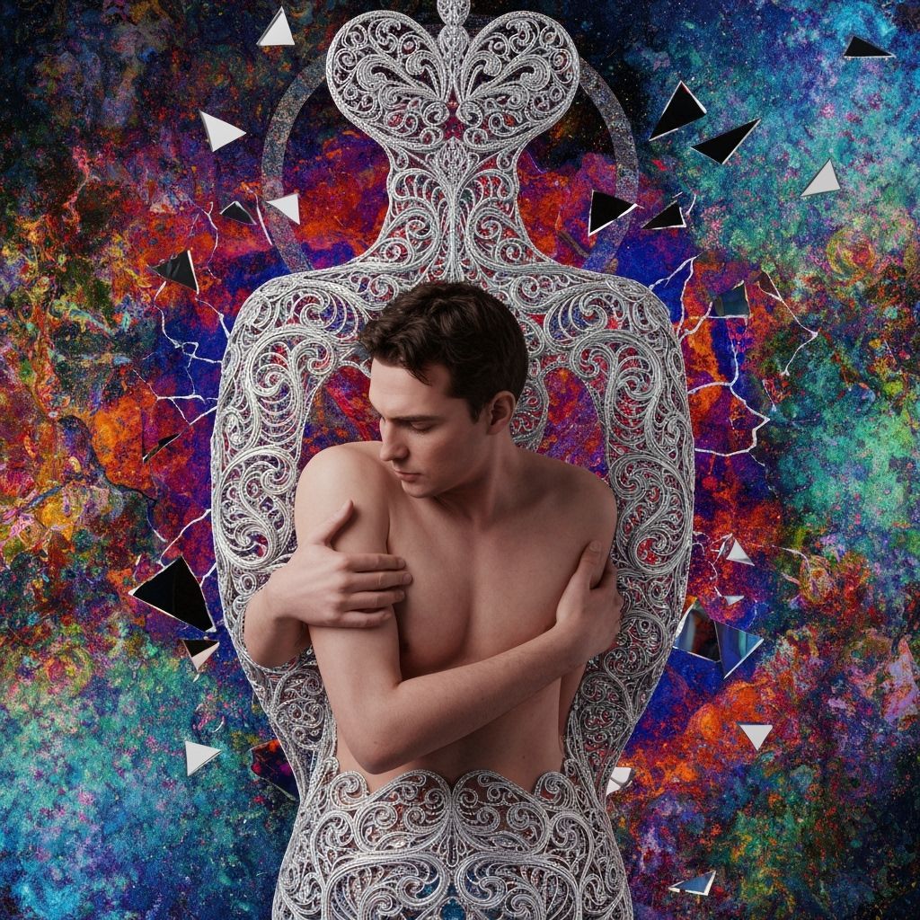 Surreal Bio Art Collage With Silver Filigree and Cracked Mir...