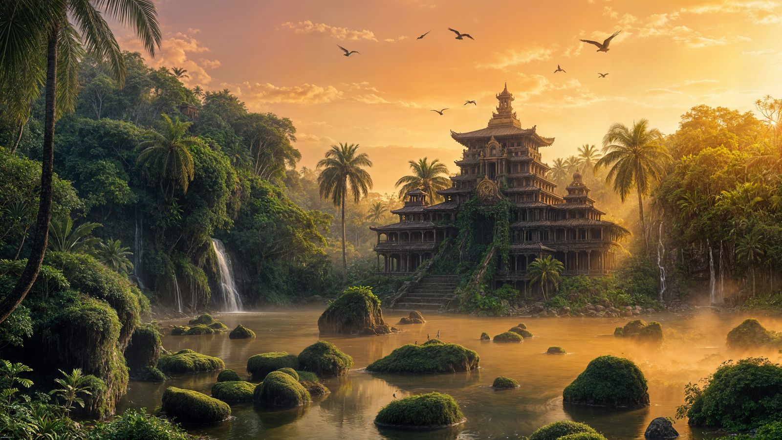 Jungle Sunset: Japanese-Mayan Temple Landscape