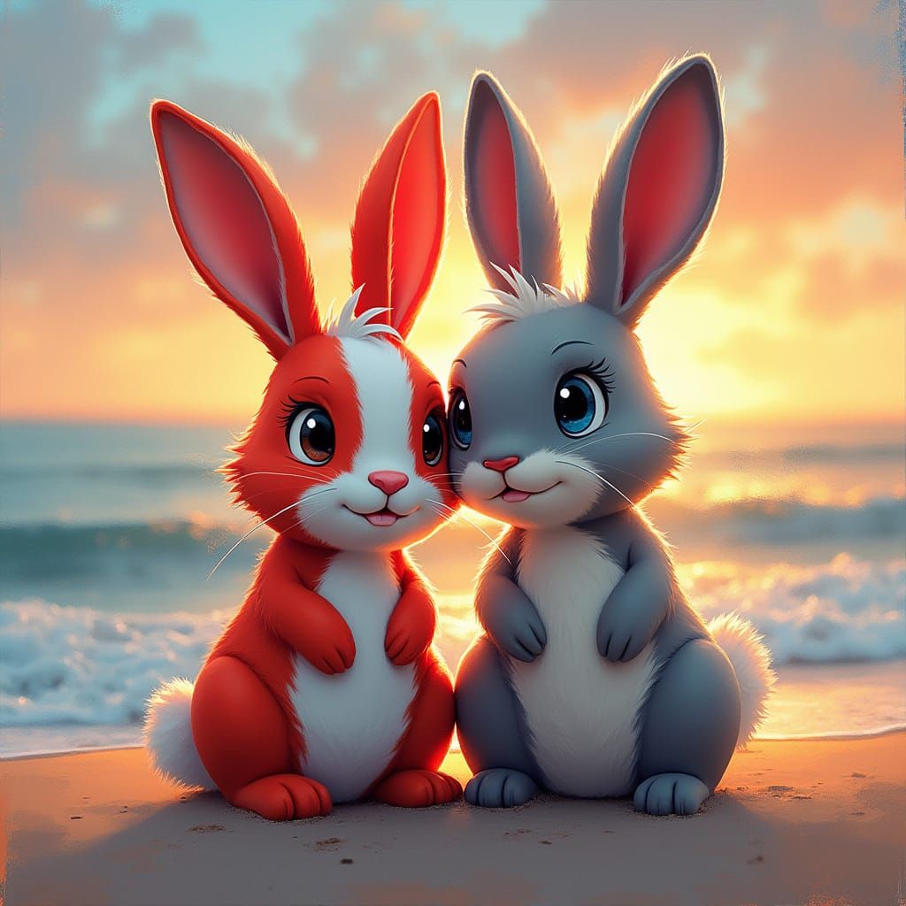 Rabbits on Beach at Dusk in Vibrant Graffiti Art Style