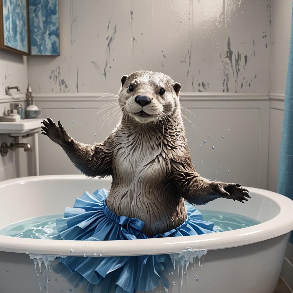 Otter Ballerina in Bathtub: Modern Ink Painting