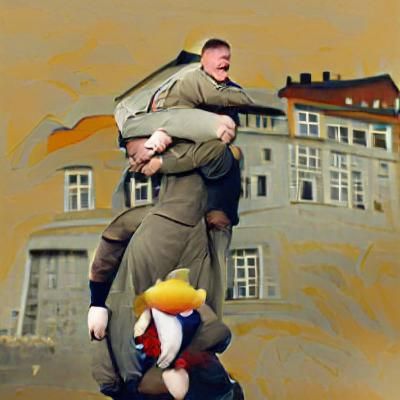 Caricatured Figures in an Unusual Piggyback Ride