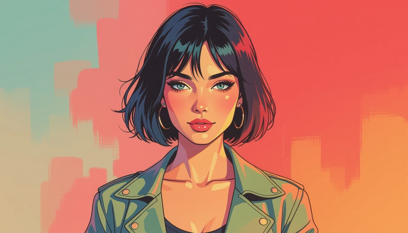 Young Woman Portrait in Soft Watercolor with Cyberpunk Accen...