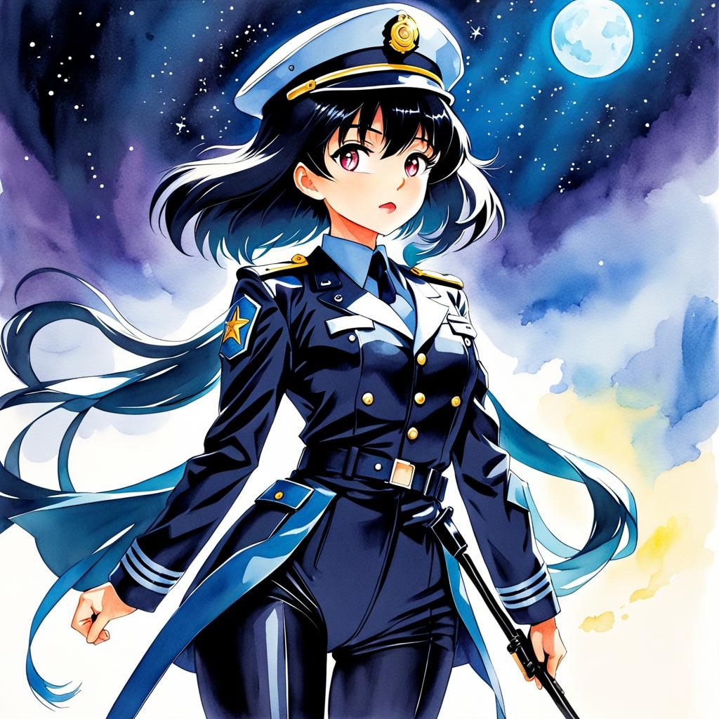 Cobwebbed Female Officer in Watercolor Style