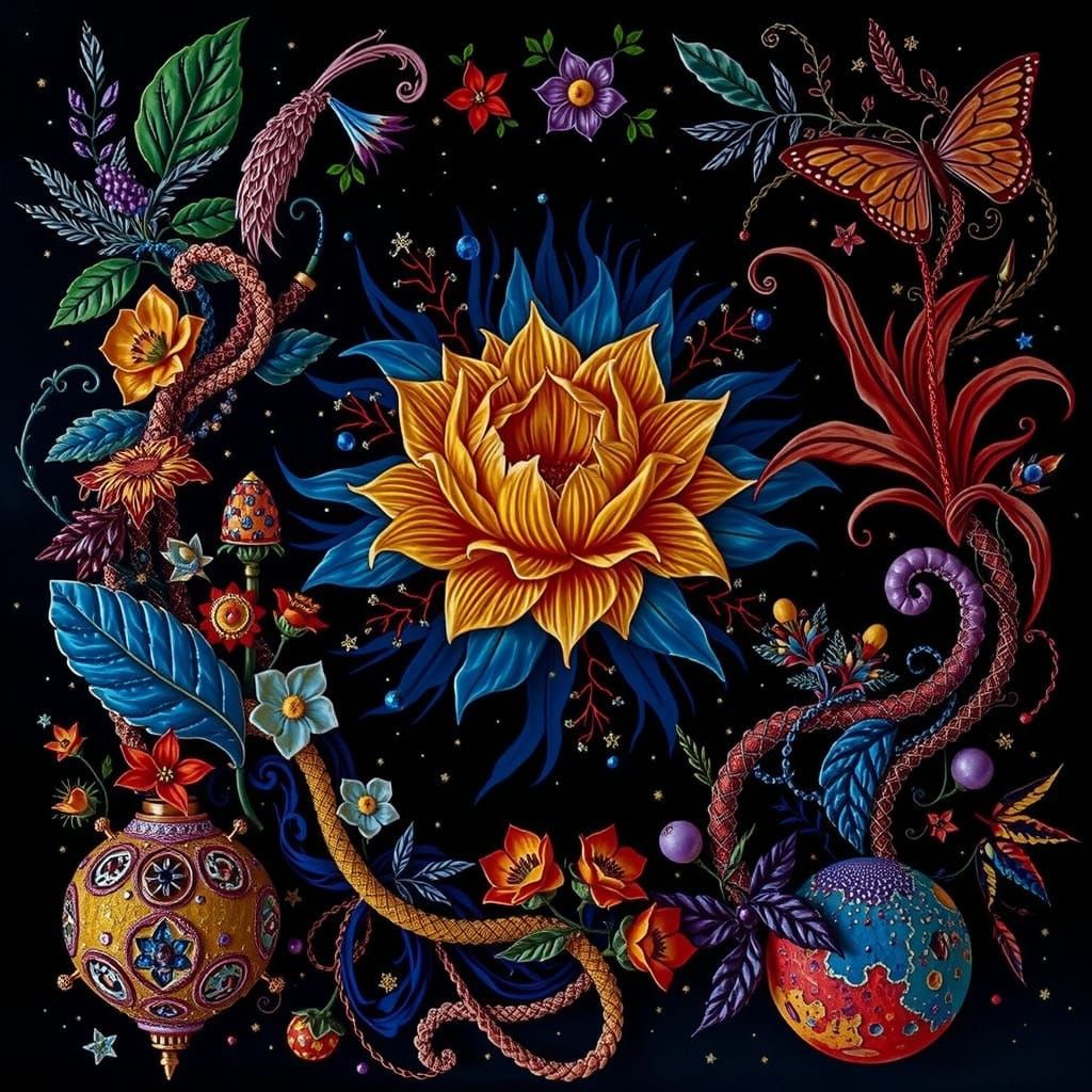 Psychedelic Garden of Cosmic Mystery in Bold Hues