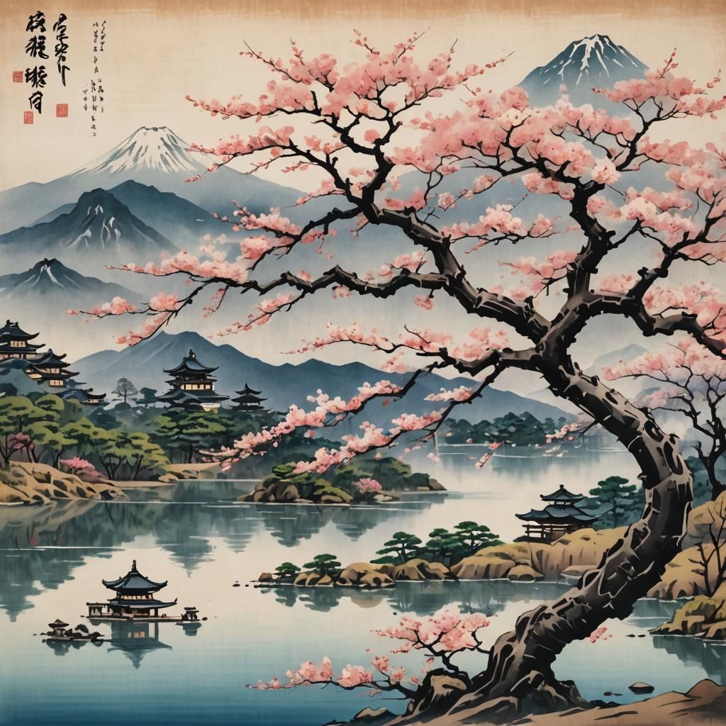Sakura Tree by Lake in Calligraphy Style