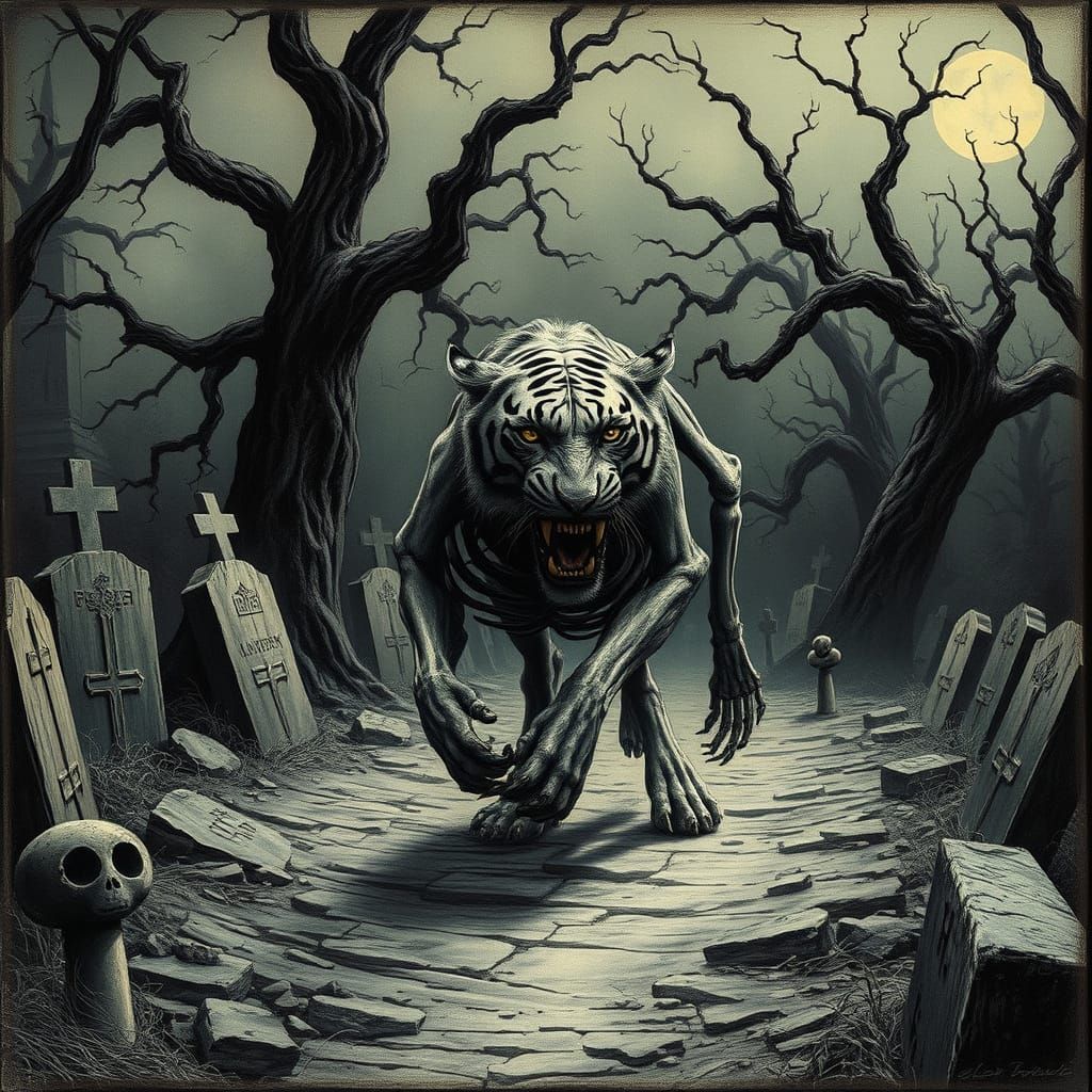 Skeletal Tiger in Haunted Cemetery, Dark Etchings Style