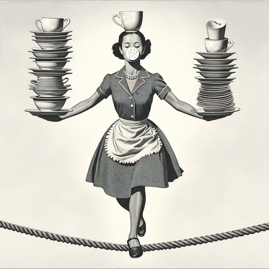 Monochrome 1950s Waitress Balances Dishes on Tightrope