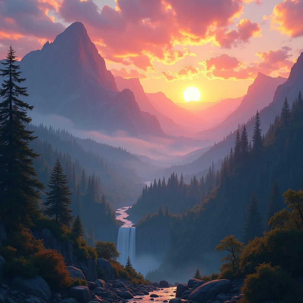 Mystical Mountain Sunset: Fantasy Landscape in Matte Paintin...