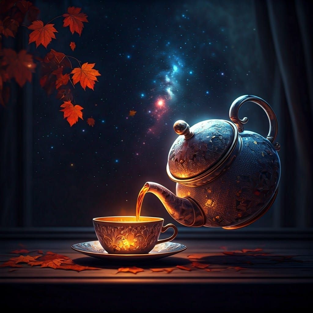 Starlit Autumn Landscape Flows From Teapot