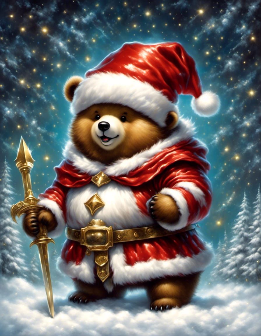 Chibi Bear Knight in Religious Armor and Santa Hat