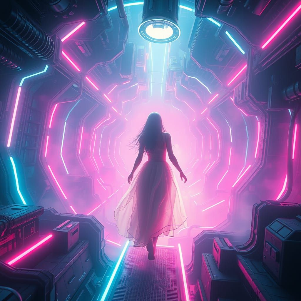Mystical Woman in Neon Labyrinth, Futuristic Organic Style