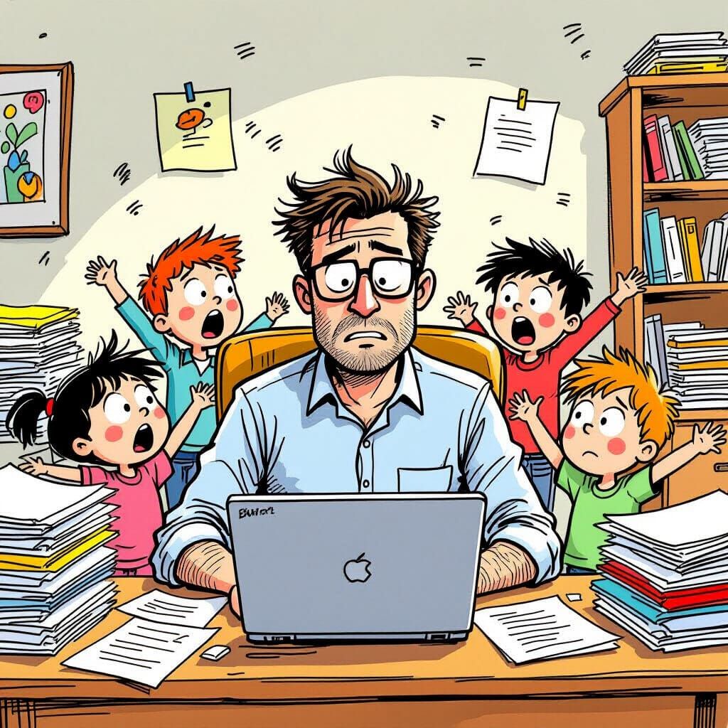 Frazzled Dad Cartoon in Cluttered Office