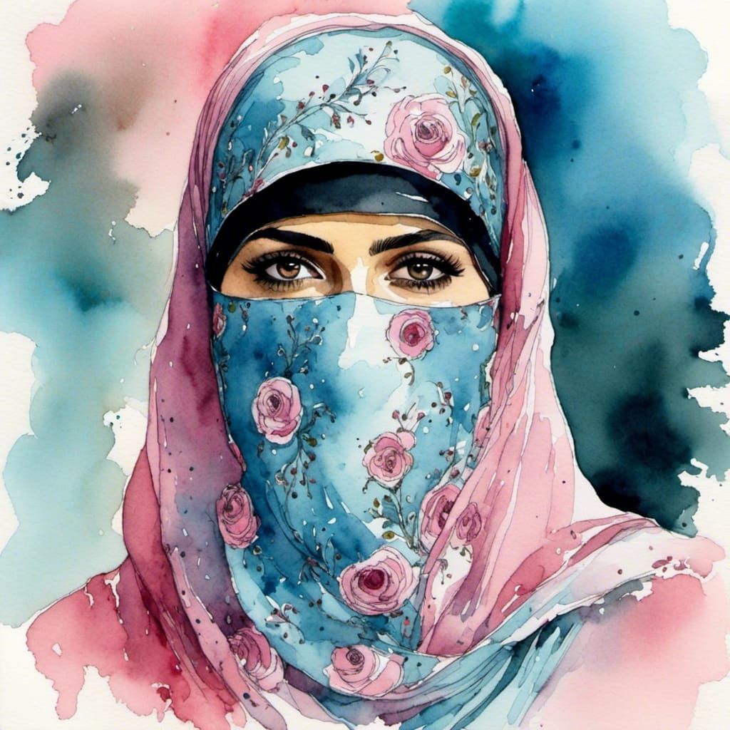 Beautiful Niqabi Woman Portrait in Watercolor Style
