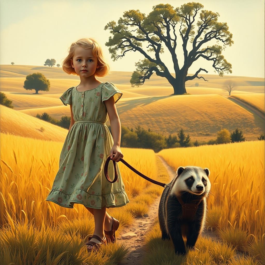 Rural Kansas Girl Leads Her Badger Friend in a Golden Aftern...