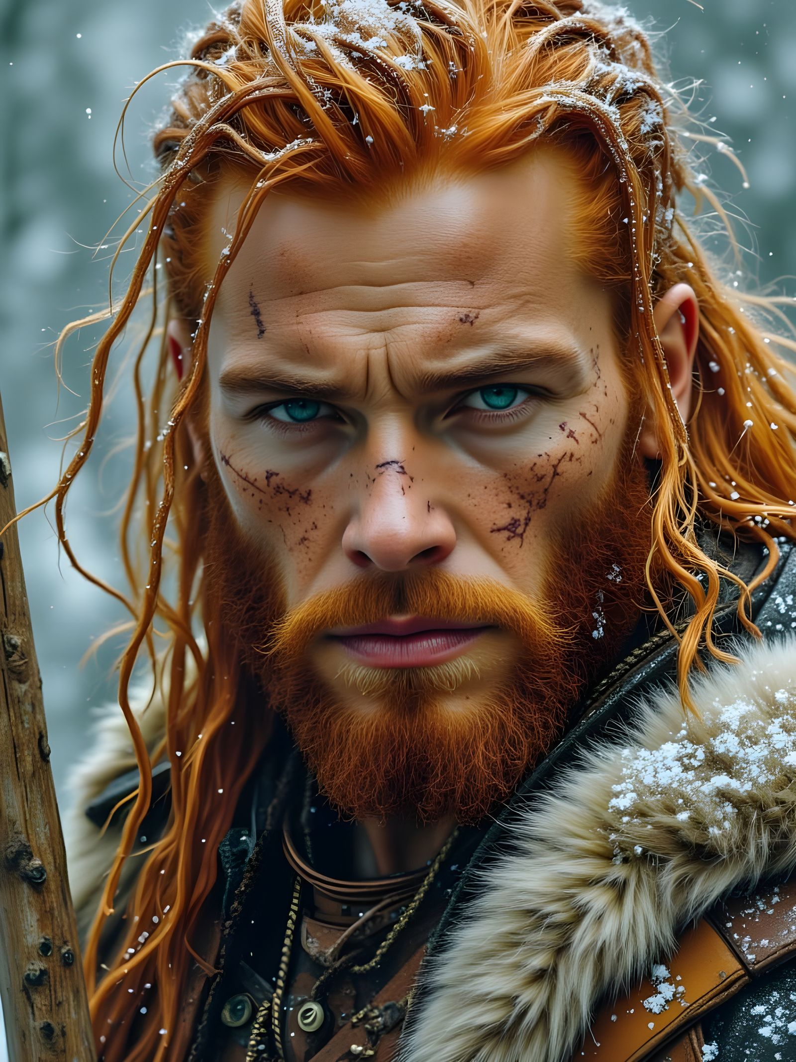 Battle-Worn Warrior with Fiery Hair in Winter Landscape