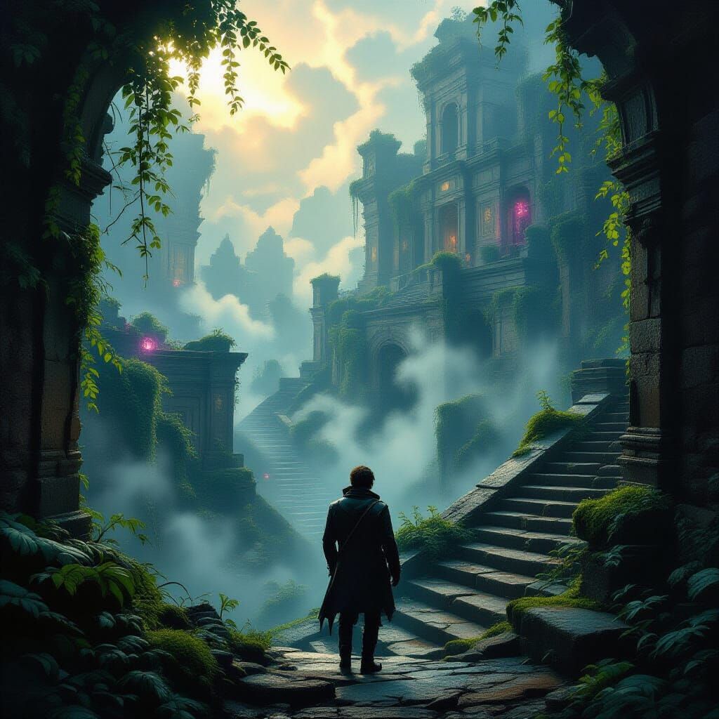 Explorer Discovers Ancient City Staircase in Ethereal Glow