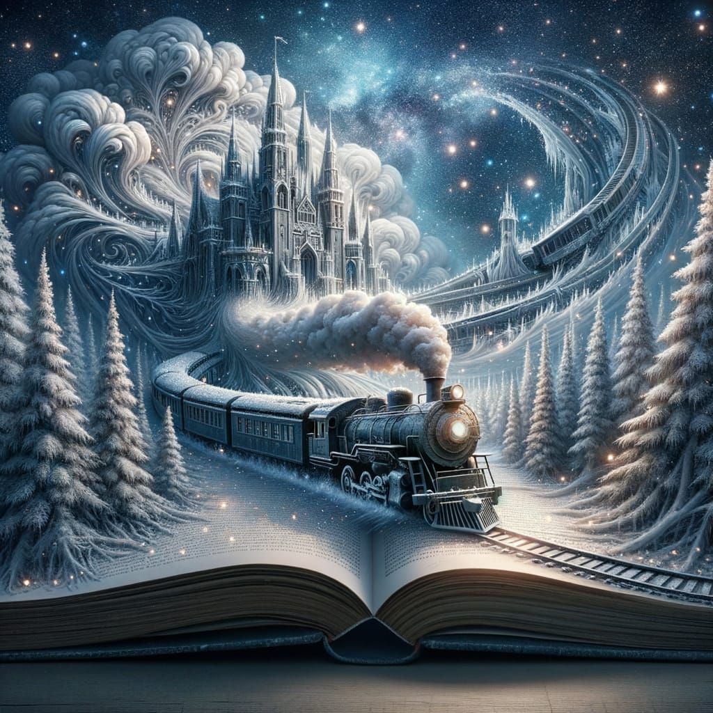 Enchanted Winter Train Journey from Open Book