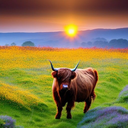 Highland Cattle in Sunrise Meadow