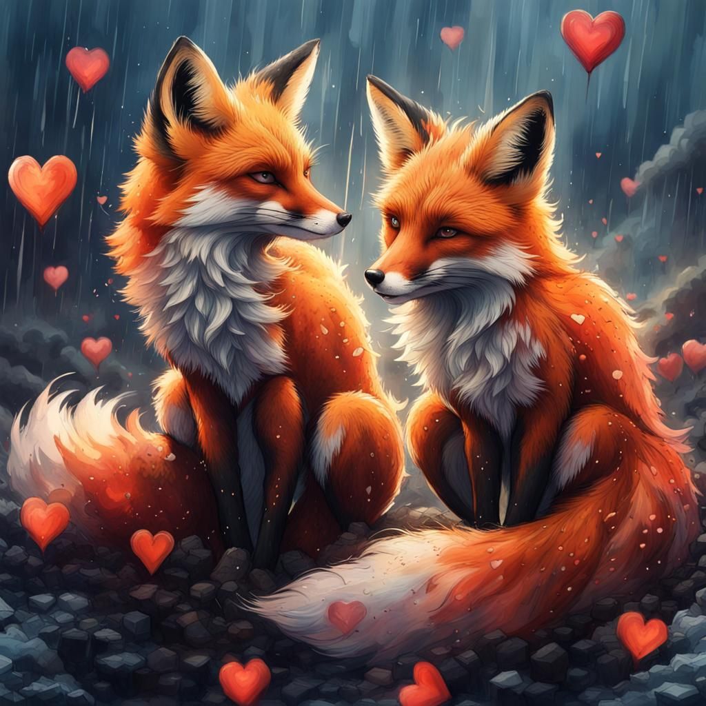 Foxes in Love Amidst a Heart Storm