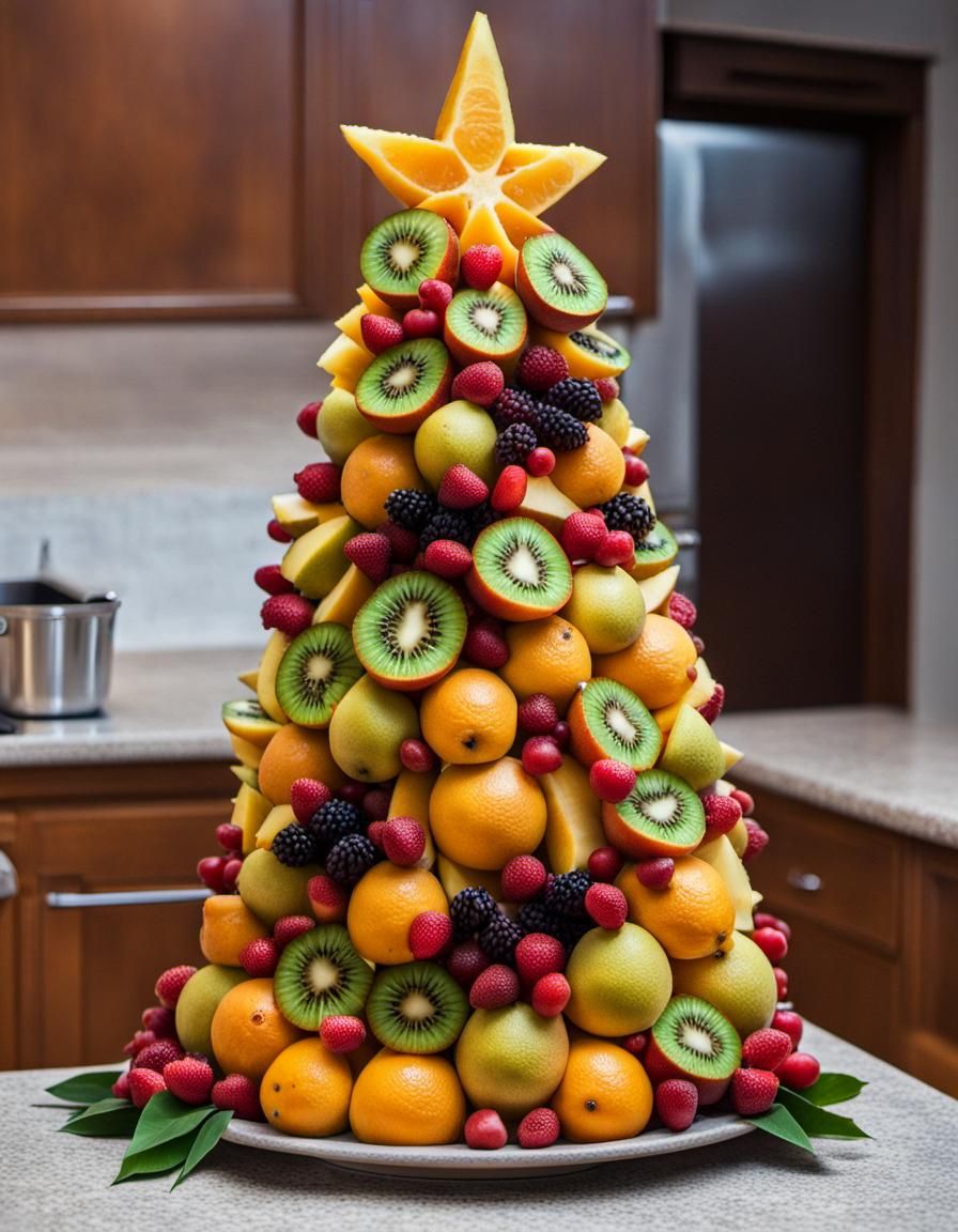 Christmas tree made from tropical fruit on a table in the ki...