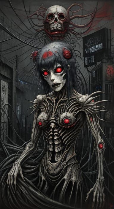 Surreal Horror Artwork of Tomie with Parasite in Cyberpunk S...