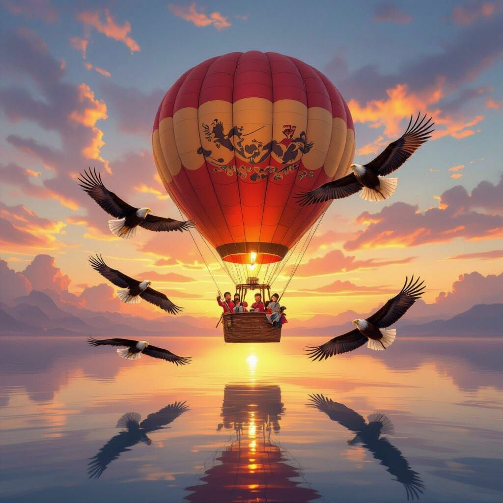 Joyful Family in Eagle-Carried Hot Air Balloon at Sunrise