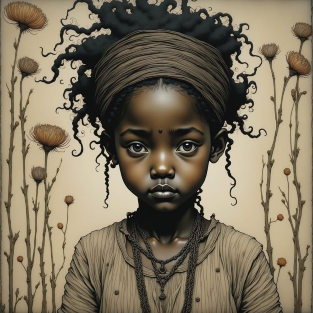 Girl Portrait in Arthur Rackham and Paul Klee Style