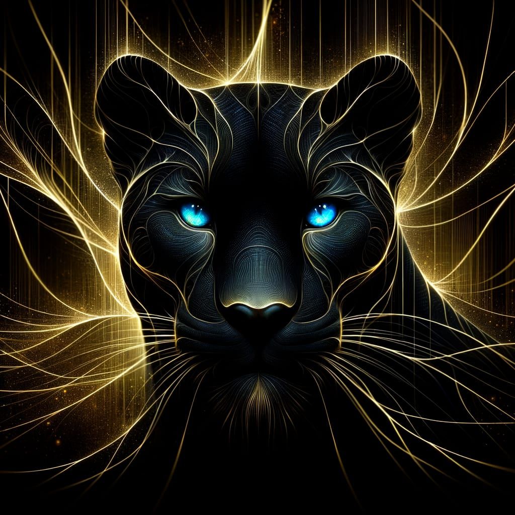 Elegant Black Jaguar Goddess with Golden Lines