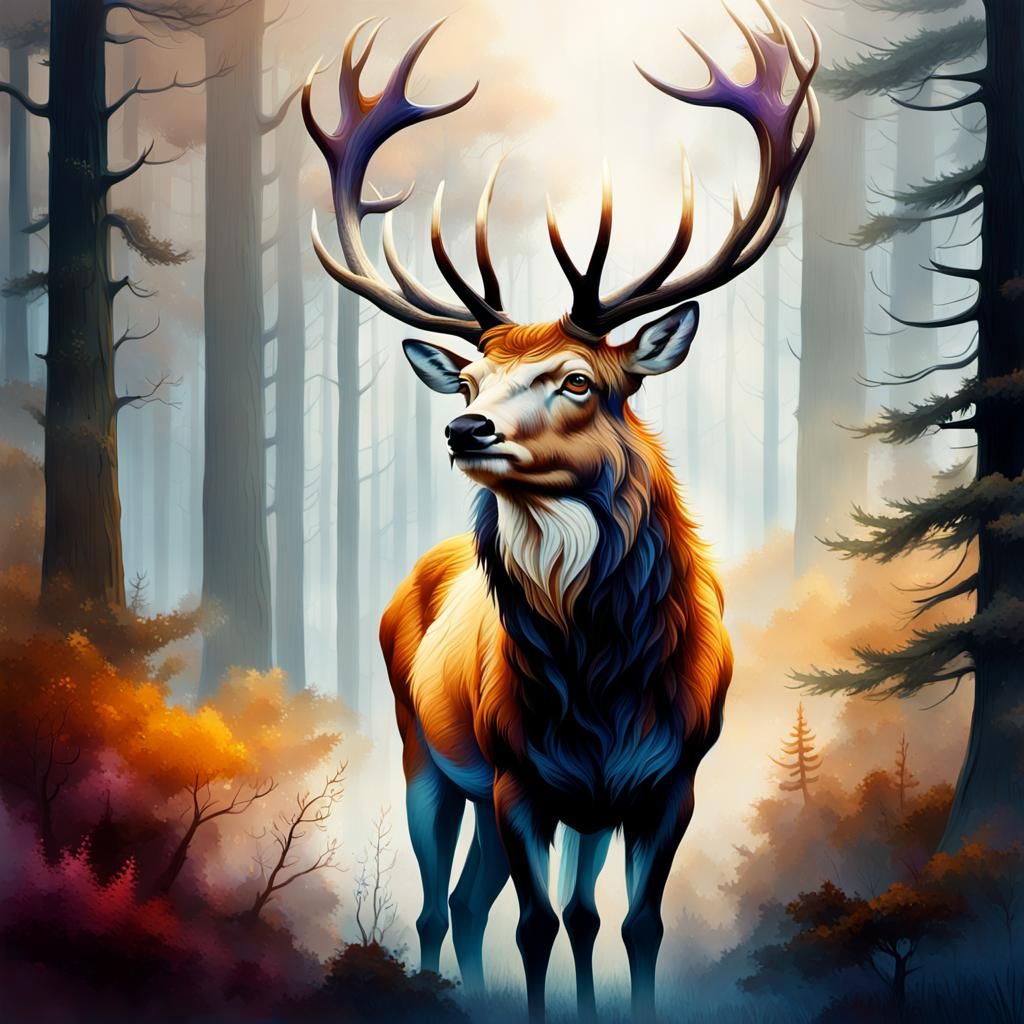 Majestic Stag in Misty Forest, Hyper-Realistic Painting