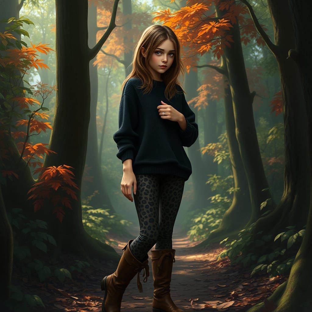 Girl in Leopard Print Amidst a Dense Forest