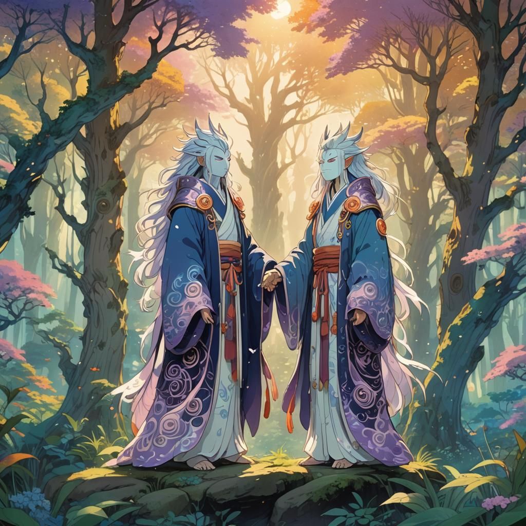 Fantasy Anime Deities in Serene Landscape