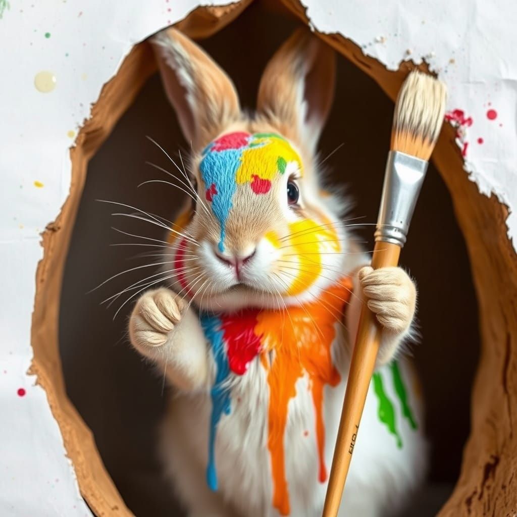 Adorable Baby Rabbit Painter Covered in Paint