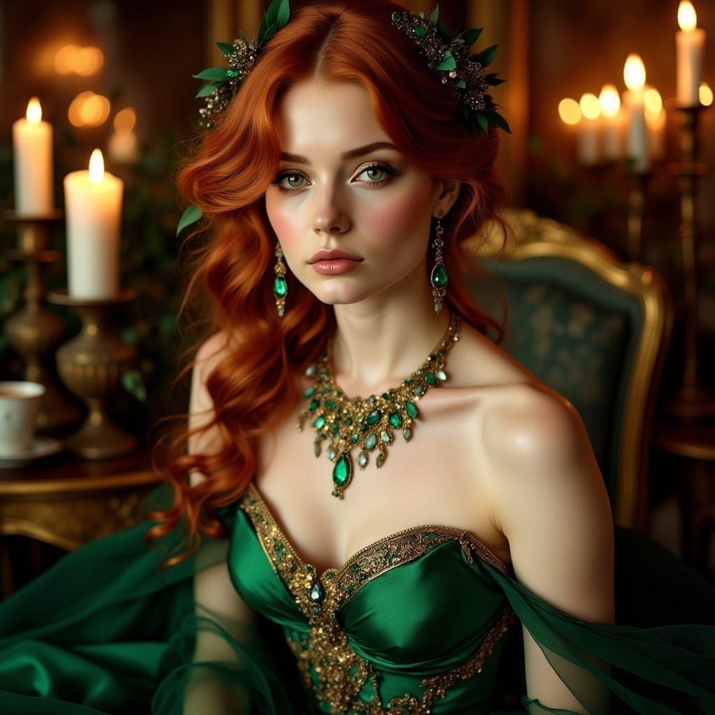 Regal, Auburn-Haired Woman in Luxurious Hunter Green Evening...