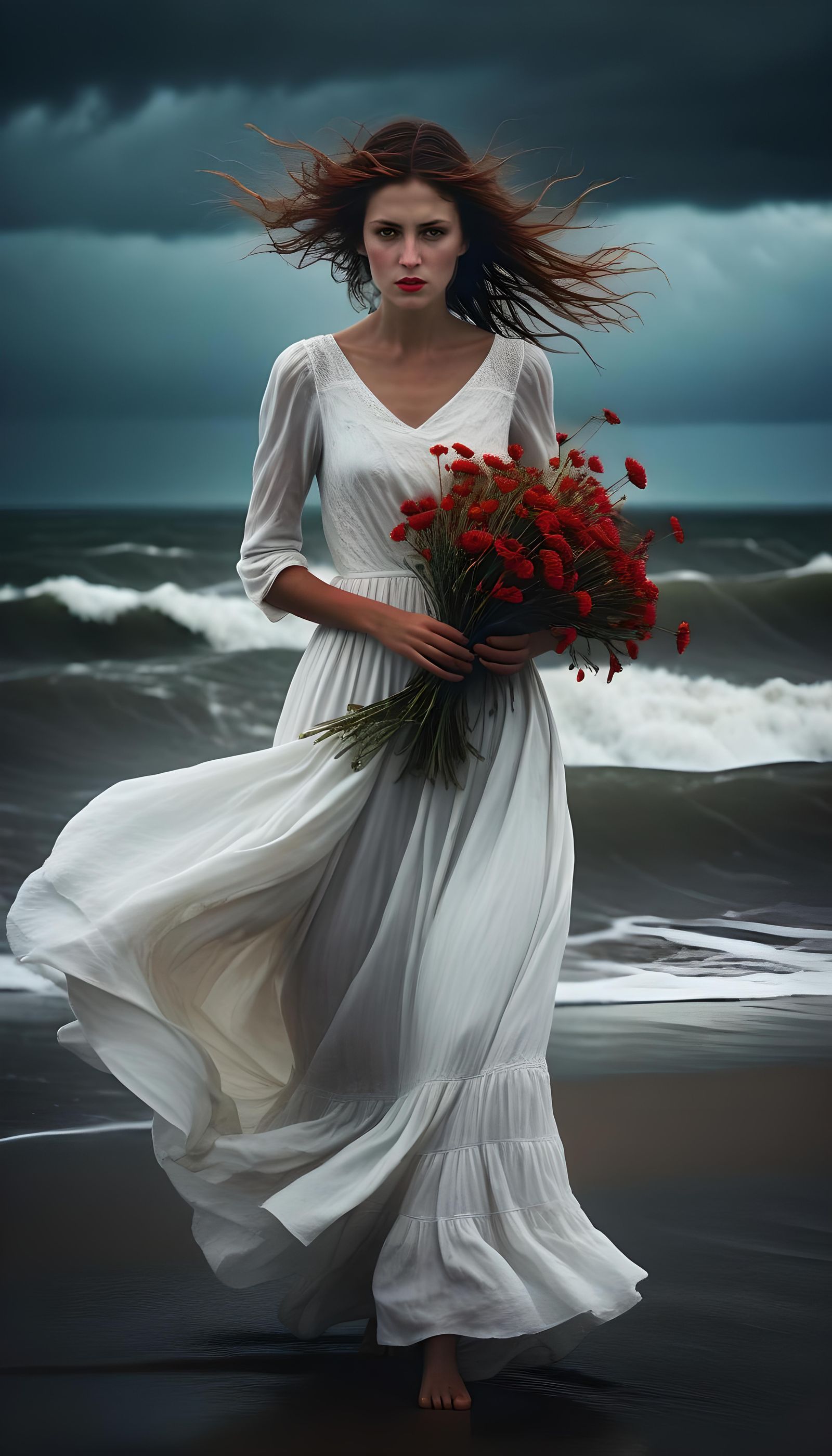 Woman with Flowers on Stormy Beach