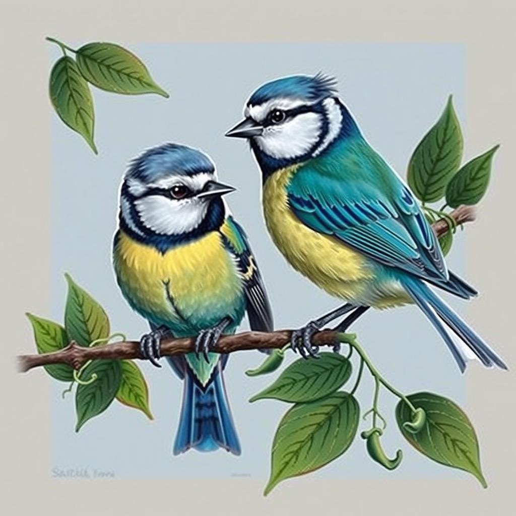 Eurasian Blue Tits in Audubon Style Illustration