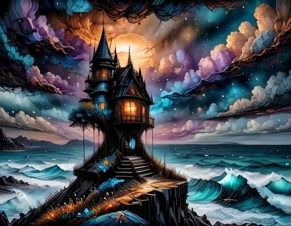 Serene Beach Scene with Fantasy Inkling Style