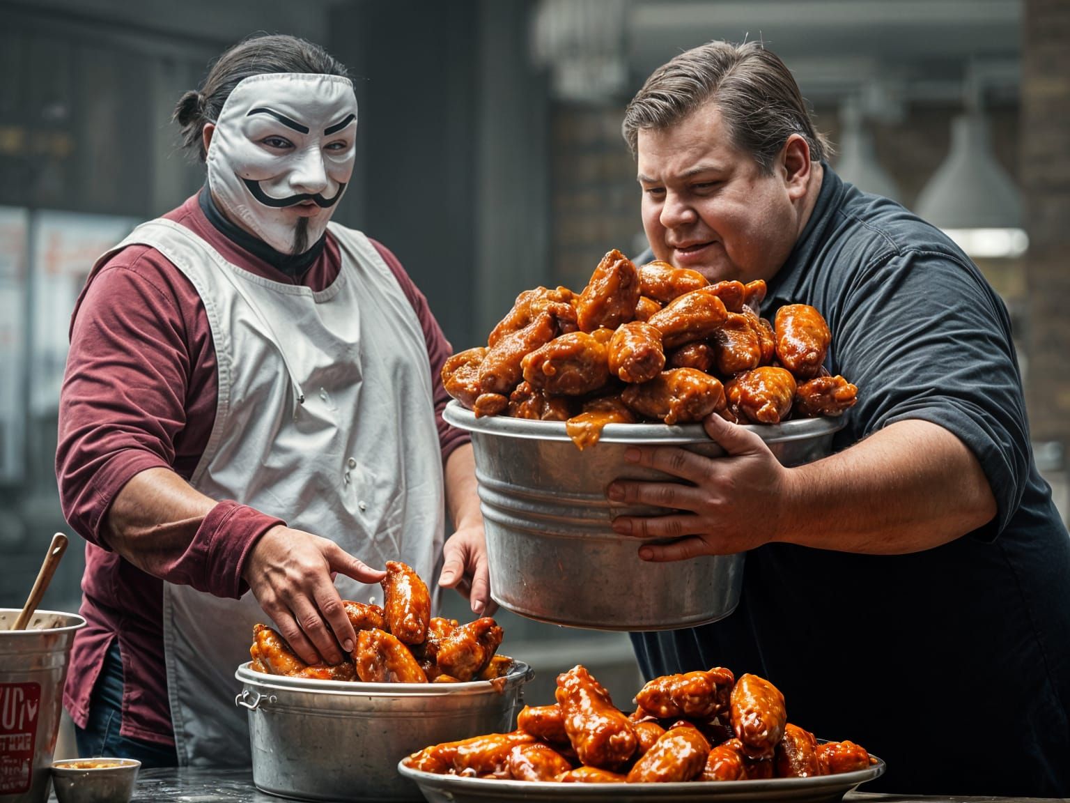 chicken wings covered in sauce being handed to a fat America...