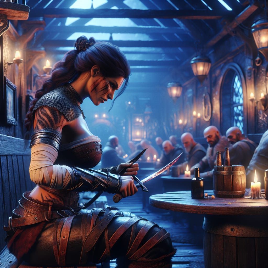 In a dimly lit tavern, a muscular woman with a scarred face sits at a table, sharpening her weapons.